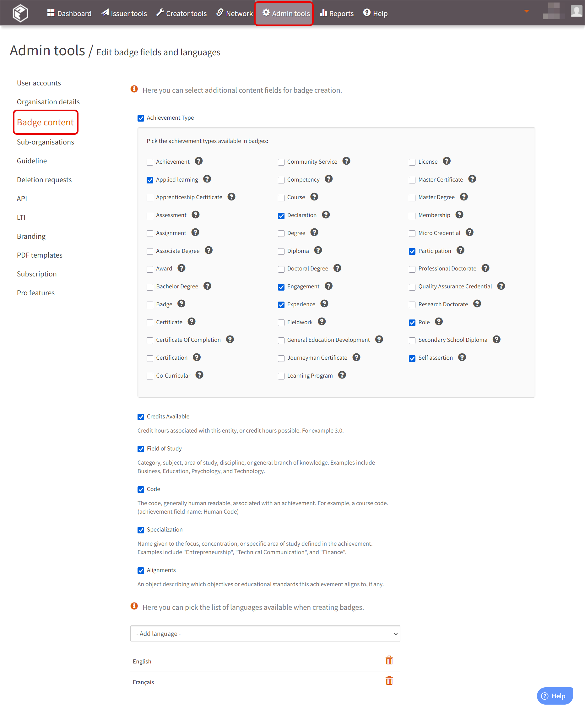 Screenshot: Badge content page