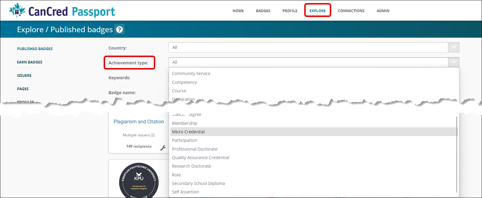 Screenshot: Search for Micro credential